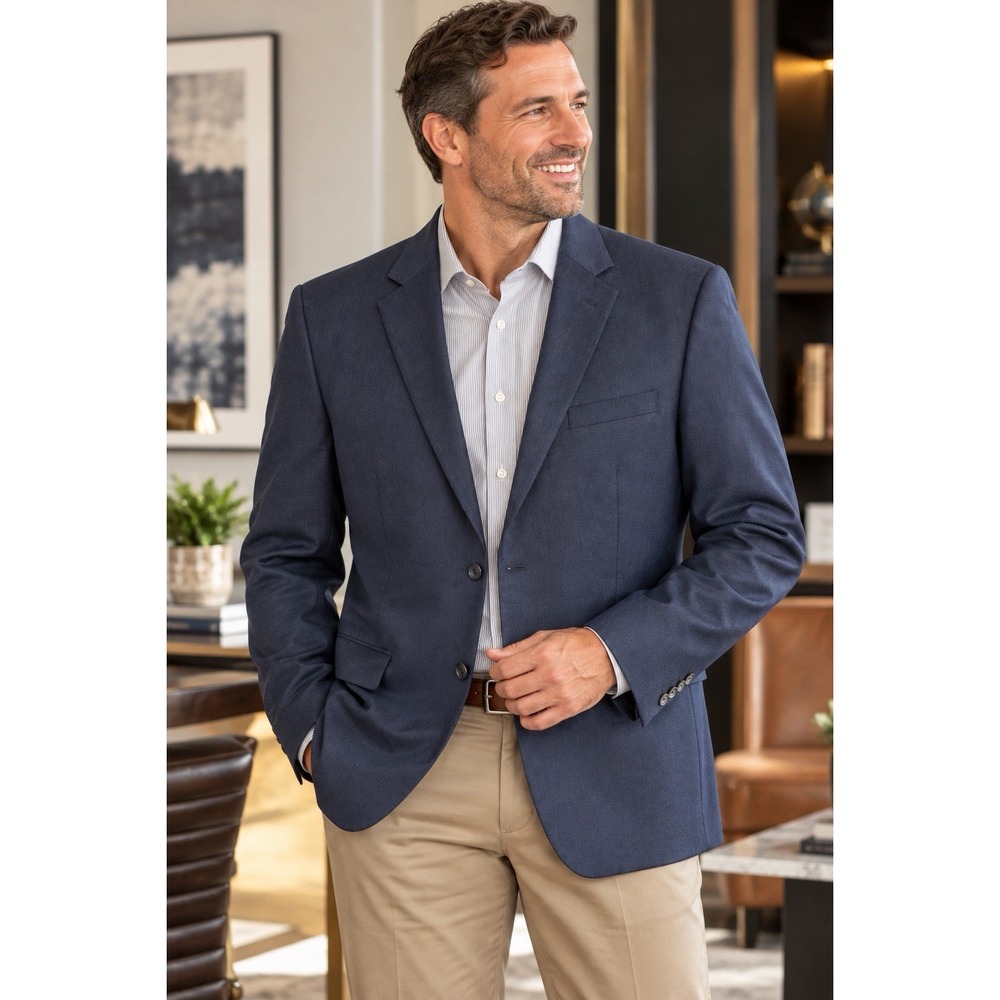 Stafford Essentials Men's Blazer 42L Navy Blue Wool Blend Sport Coat 2 Button